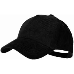 A black corduroy cap with a curved brim and adjustable back strap, featuring a logo on the side.