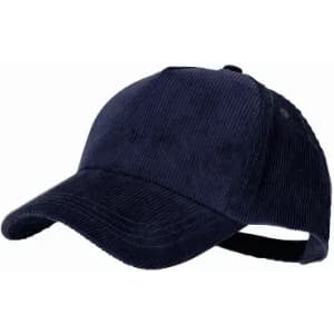 A navy blue corduroy cap with a curved brim and an adjustable strap at the back.