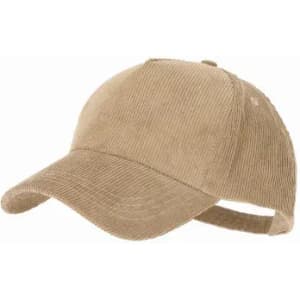 A beige corduroy cap with a curved brim and an adjustable strap at the back. It features a simple design.