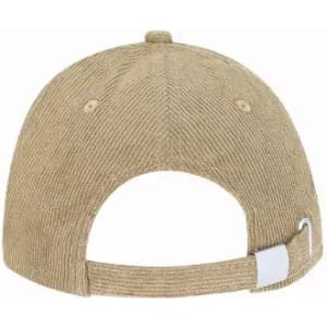 A khaki cap featuring a curved brim and an adjustable strap at the back with a metallic clasp.