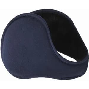 A navy blue ear warmer with a soft fabric design and a curved shape for comfort.