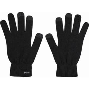 A pair of black gloves displayed flat, featuring fingertip detailing and a branding logo on the cuff.