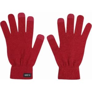 A pair of red gloves made from knitted material, featuring fingerless design and a small branding label.
