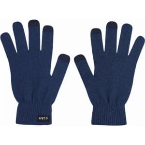 A pair of navy gloves made from recycled materials, featuring a brand logo on the wrist area.
