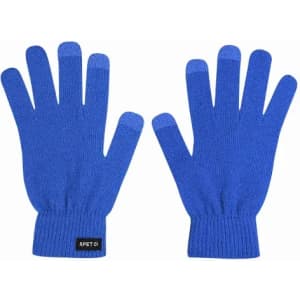 A pair of blue gloves featuring a knitted design and a brand logo on the wrist.