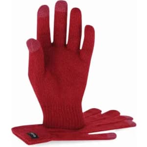 A pair of red gloves with fingertip accents in a lighter shade. The gloves have a logo on one cuff.
