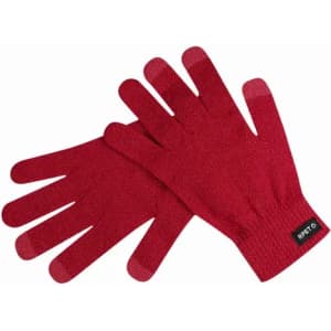 A pair of red gloves with a textured finish and a small logo on the cuff.