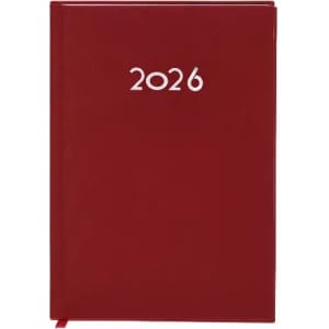 A red planner for the year 2026 featuring a simple embossed design. It has a ribbon marker and a smooth cover.
