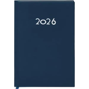 A 2026 diary in navy blue with a silver embossed cover. The diary features a ribbon marker and a logo.