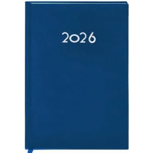 A planner in a deep blue cover, featuring the year "2026" on the front with a ribbon bookmark.