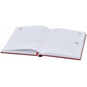 An open diary featuring white pages with lined sections, bound in a red cover. It has a logo on the front.