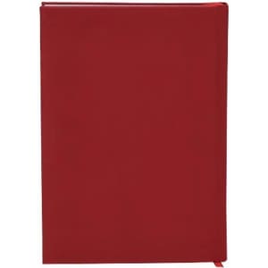 A red notebook with a smooth cover and a ribbon bookmark. It features a simple design and has no visible branding.