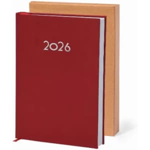 A red diary with the year 2026 embossed on the cover, alongside a beige notebook. Both have a simple design and are stacked.