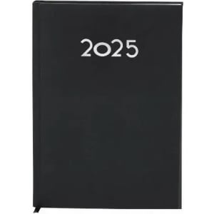 A black 2025 diary with a simple design and a ribbon bookmark.