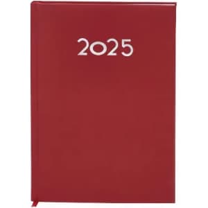 A red planner with a glossy cover, featuring the year "2025" in white on the front.