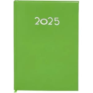 A green planner with a smooth cover, featuring the year "2025" printed in silver. It has a ribbon bookmark.