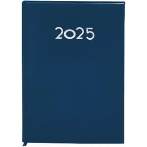 A navy blue planner with the year "2025" embossed on the cover and a ribbon bookmark.