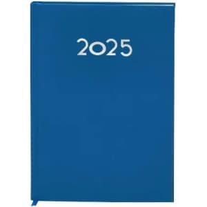 A blue planner for the year 2025 with a simple design and a matching bookmark ribbon.