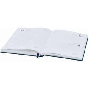 An open planner with lined pages and date markings, featuring a blue cover and ribbon bookmark.