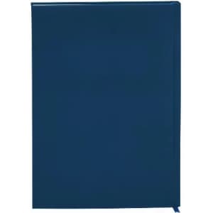 A navy blue notebook with a smooth cover and a ribbon bookmark, featuring a logo on the front.