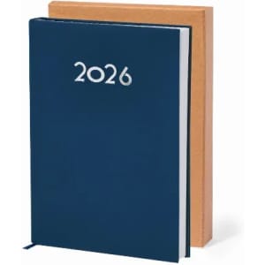 A navy blue diary with the year 2026 embossed on the front and a kraft paper cover in the background.