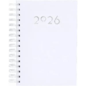 A spiral-bound notebook with a white cover featuring the year "2026" in a subtle design.