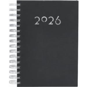 A notebook with a black cover, featuring silver numbers "2026" on the front and a spiral binding on the side.