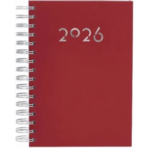 A red spiral-bound notebook with a textured cover featuring the year "2026" on the front.