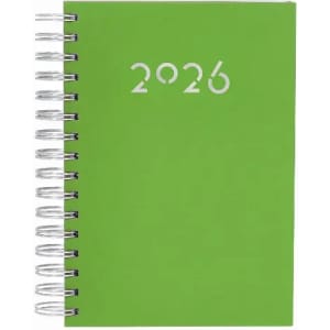 A green spiral-bound notebook with a silver embossed "2026" on the front cover.