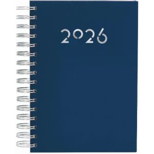 A spiral-bound notebook in navy blue with silver numbers indicating the year 2026 on the cover.