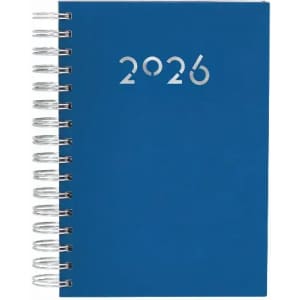 A blue spiral-bound notebook with a silver logo and the year "2026" prominently displayed on the cover.