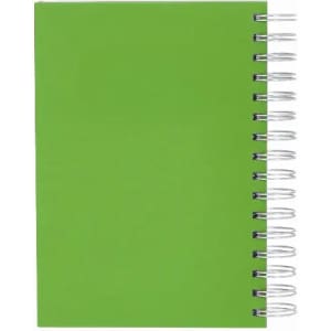 A green spiral-bound notebook with a plain cover and silver wire binding.