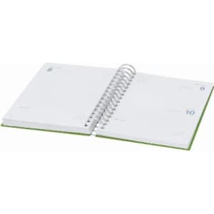 A spiral-bound planner with a white interior and green accents, featuring open weekly layout pages.