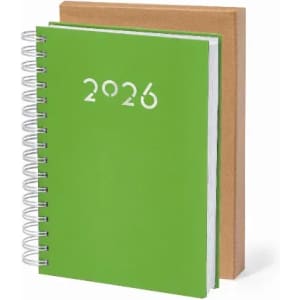 A green spiral-bound notebook with the year "2026" printed on the front, alongside a brown cover.