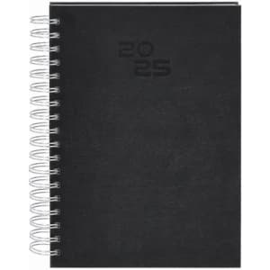 A black spiral-bound notebook with a plain cover and the year "2025" embossed on the front.