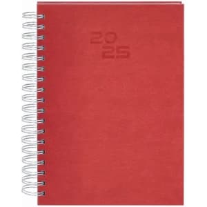 A red spiral-bound notebook with a textured cover, featuring embossed text for the year 2025.
