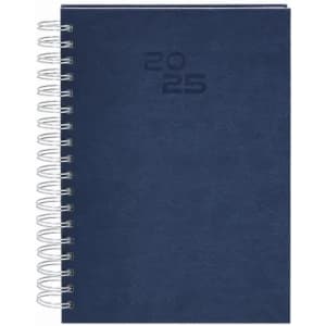 A navy blue spiral-bound notebook with the numbers "2025" embossed on the cover.