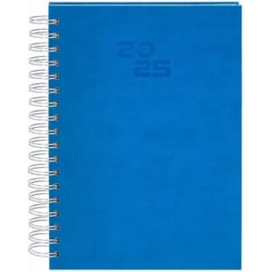 A blue spiral-bound notebook with the year "2025" embossed on the cover.