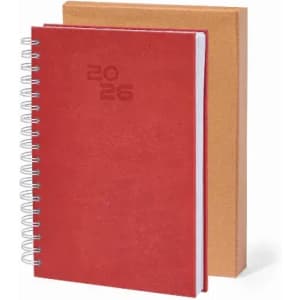 A red spiral-bound notebook with white pages, accompanied by a brown cardboard cover.