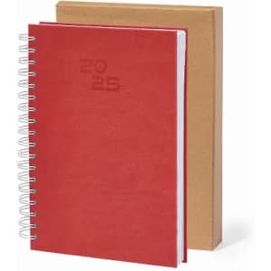 A red spiral-bound notebook with a cardboard cover, featuring the year 2025 embossed on the front.