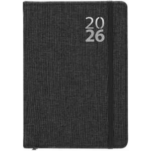 A dark grey notebook with a textured cover and a silver 2026 printed on the front. It features an elastic closure.