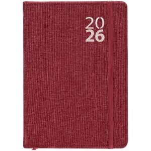 A maroon notebook with a textured cover and a pink elastic band, featuring the year 2026 on the front.