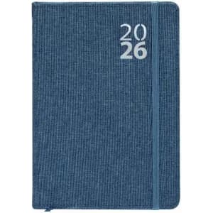 A blue journal with a textured cover and an elastic band, featuring the numbers "2026" prominently on the front.