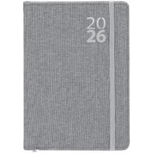 A grey notebook with a textured cover, featuring a white elastic band and a year printed on the front.