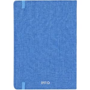 A blue notebook with a textured cover and a blue elastic band, featuring a logo at the bottom.