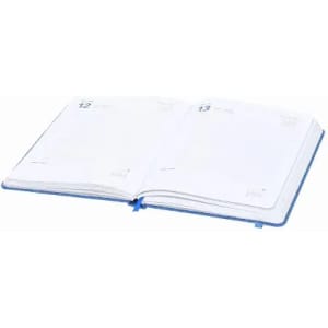A planner with a blue cover, opened to reveal two blank pages. It features a logo on the cover.