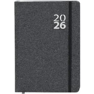 A grey notebook with a black elastic band, featuring the year "2026" on the cover. It has a simple design.