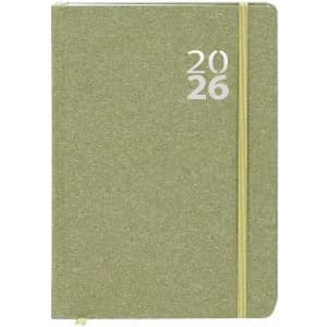 A green notebook with a textured cover, featuring the year 2026 and an elastic band closure.