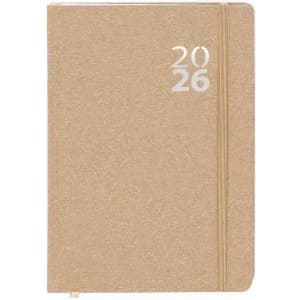 A notebook in a neutral brown shade with a textured cover and an elastic strap, featuring the year "2026" on the front.