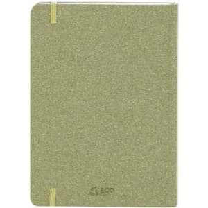 A notebook with a textured green cover, secured with elastic bands, featuring a small logo on the front.